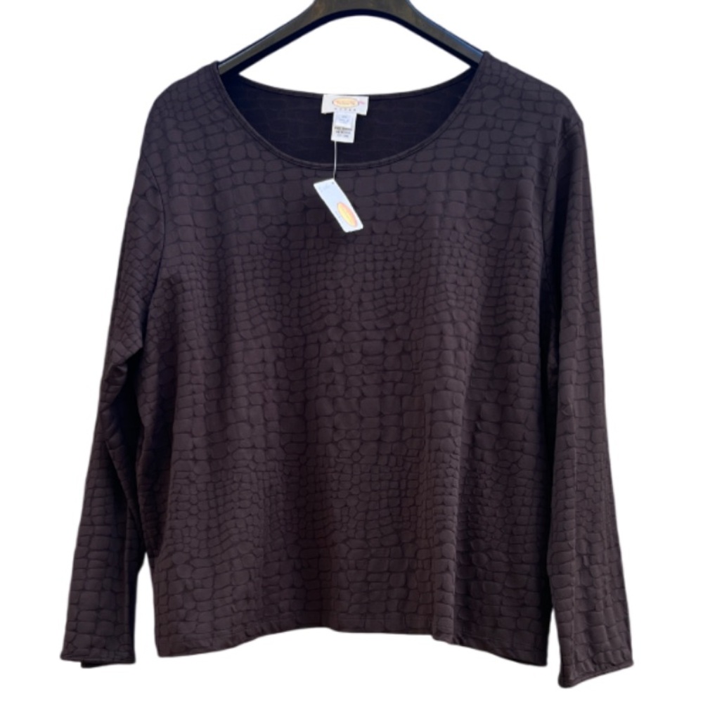 NWT Talbots Woman Long Sleeve Brown Raised Textured Geometric Square Print Top